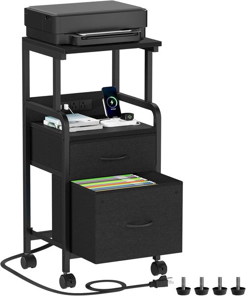 Korfile Printer Stand with Power Outlets & File Cabinet, Mobile Printer Table with 2 Drawers, 4 Tiers Multi-Functional Rolling Printer Cart with Wheels for Home Office, Living Room, Black