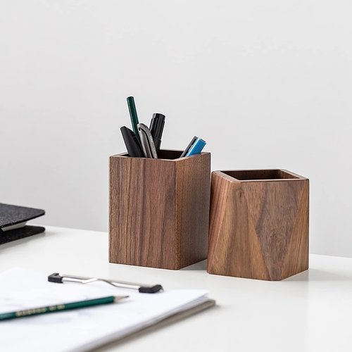 Sokelinn-six Wood Pen Holder for Desk, Natural Black Walnut Handwork Organizer Stand for Pencils Make up Brushes Stationery Office School Desktop Decor Use (Square)