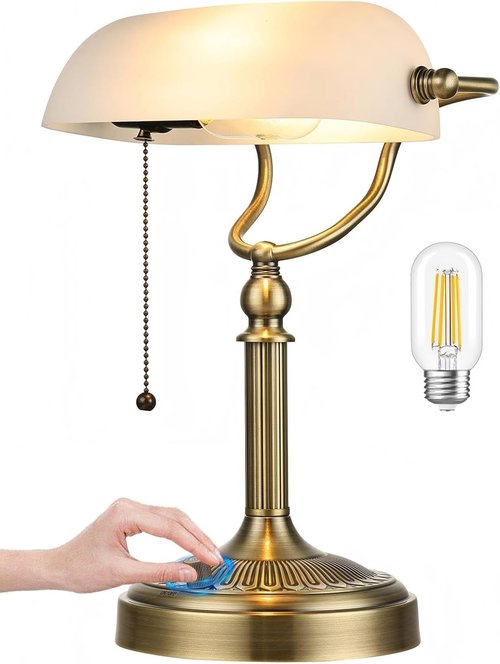 Newrays White Matted Glass Bankers Desk Lamp - Stepless Dimmable Table Lamp for Home Office & Study