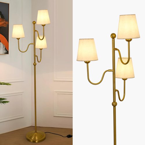 YYJLX Modern Floor Lamp with Dimmable Switch 3 Light Tree Standing Tall Lamp with Linen Drum Shade Mid Century Gold Corner Lamp for Living Room Bedroom Office
