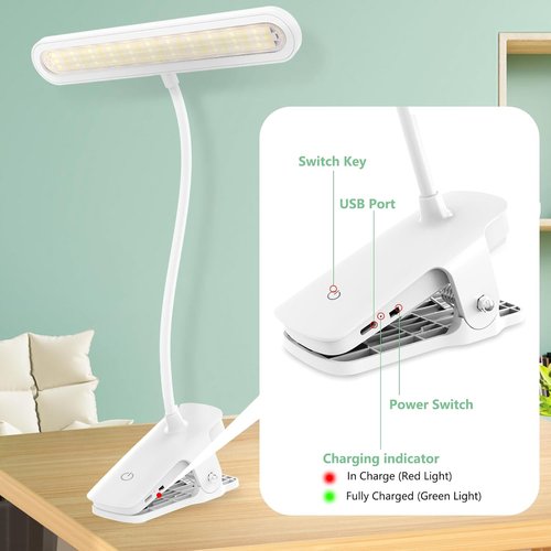 Deaunbr Clip-On Light - Eye-Caring 66 LEDs Reading Light with 4 Brightness Levels | Rechargeable Desk Lamp for Home & Office