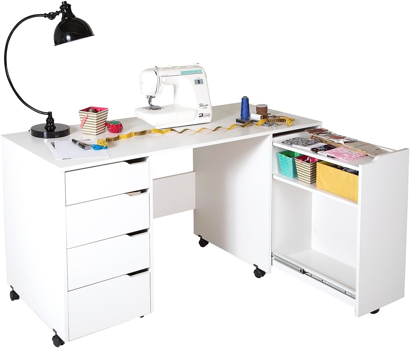 South Shore Farmhouse Craft Table - Mobile Design with Sliding Shelf & Storage Drawers | Pure White