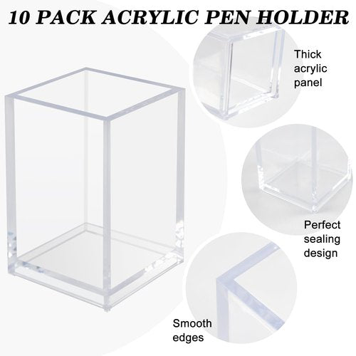 10 Pack Clear Acrylic Pen Holder for Desk, Pencil Cup Makeup Brush Organizer, Square Acrylic Pencil Holders for Office School Home Supplies, Desktop Stationery Organizer for Pens Markers Brushes