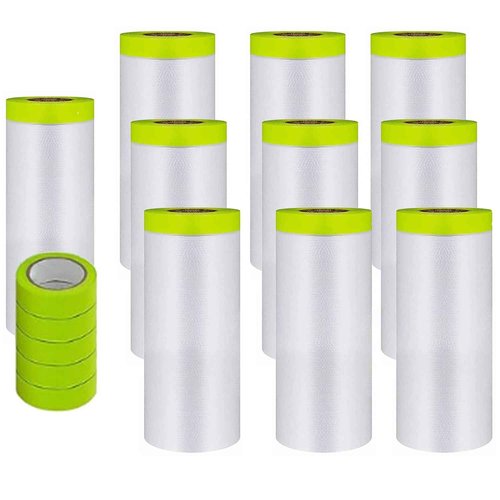 YUNXIHUI Painters Plastic with Tape, Tape and Drape, 10 Rolls Automotive Painters Tape and Plastic Film, Paint Plastic Covering Roll for Covering Skirting, Frames, Cars and Auto Body (55in X 65-Feet)