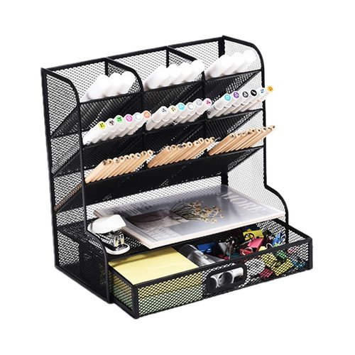 AUSTARK Desk Organizer with Drawer, Desktop Stationery Organizer, Pen Holder for Desk, Mesh Metal Desk Accessories Workspace Organizers for Art Supplies Office School Home (Black)