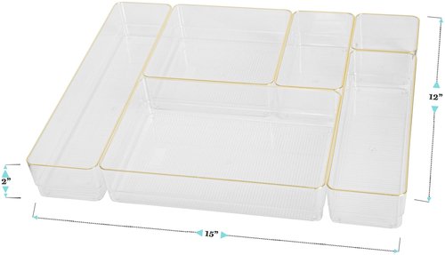 Martha Stewart Kerry Plastic Stackable Office Desk Drawer Organizers, Set of 6, with Gold Trim