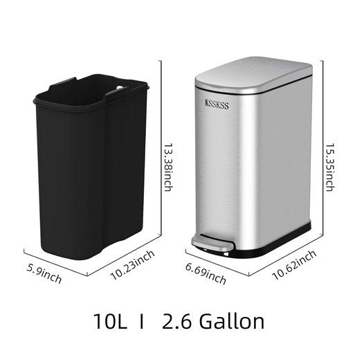 KSSKSS Slim Bathroom Trash Can - 2.6 Gallon Stainless Steel with Soft Close Lid | Removable Liner for Narrow Spaces (Silver)
