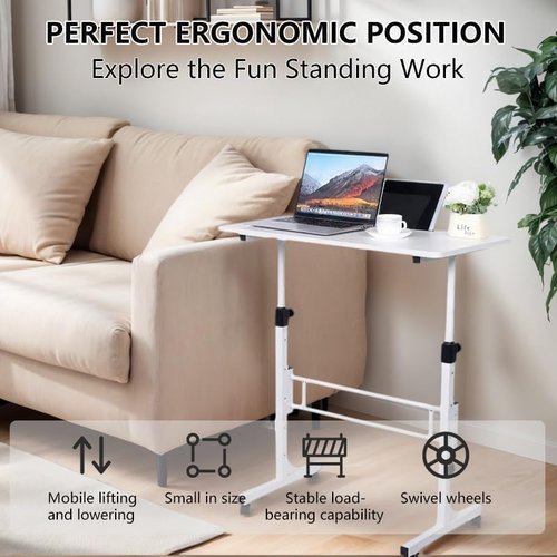 Skiennix Adjustable Height Rolling Standing Desk - Lockable Wheels, Compact Design for Home Office | 15.75" x 31.5" - White