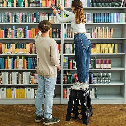 Delxo 17.5 Inch Folding Step Stool,Foldable Stool for Adults with Safety Lock,Portable Collapsible Plastic Step Stool,Non Slip Folding Stools for Kitchen Bathroom Bedroom Up to 400LBS,(Black 1PC)