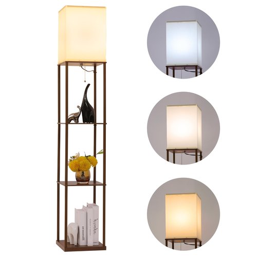 Gupuzm Floor Lamp with Shelves, Modern Square Standing Lamp with 3 Color Temperature Bulb, Corner Display Bookshelf Lamp for Living Room, Bedroom and Office (Brown-9)