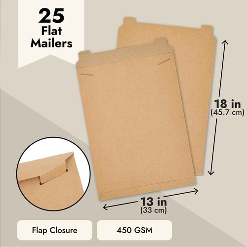 Juvale Flat Cardboard Art Mailers - 13 x 18 In, Brown, Pack of 25, 450 GSM - Poster Flat Mailers for Photos, Documents & CDs