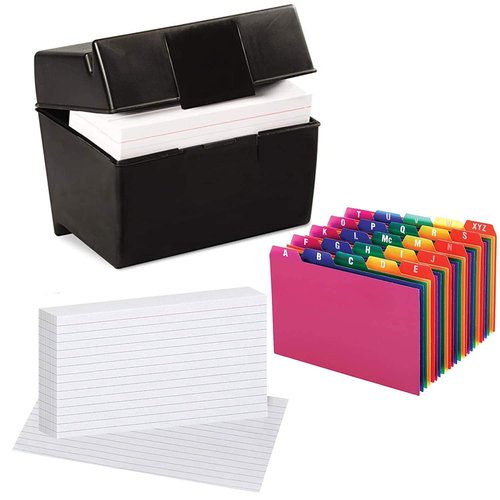 Plastic Index Card Holder, Flip Top File Box Holds 300 4 x 6 Cards, Matte Black, with Poly Card Guides, A-Z, 3 x 5 -Inch, and Heavy Weight Index Cards, 4" x 6", Ruled, White, 100/Pack (4x6 Inch)