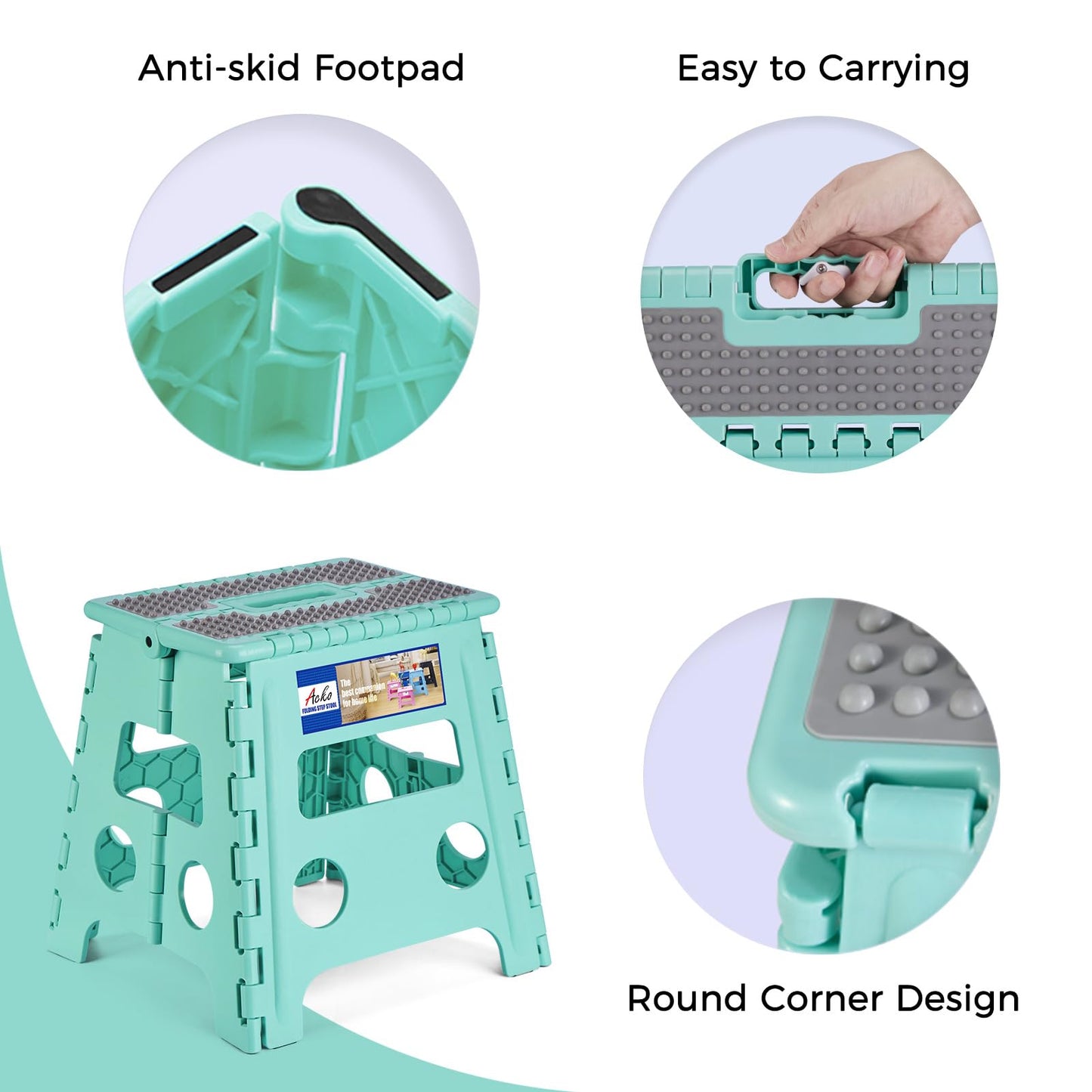 ACKO Folding Step Stool 13 Inch Stool Heavy Duty Plastic Foldable Step Stools for Kids, Stepping Stool with Handle, Suitable for Kitchen Hold Up to 300 LB (Teal 1PC)