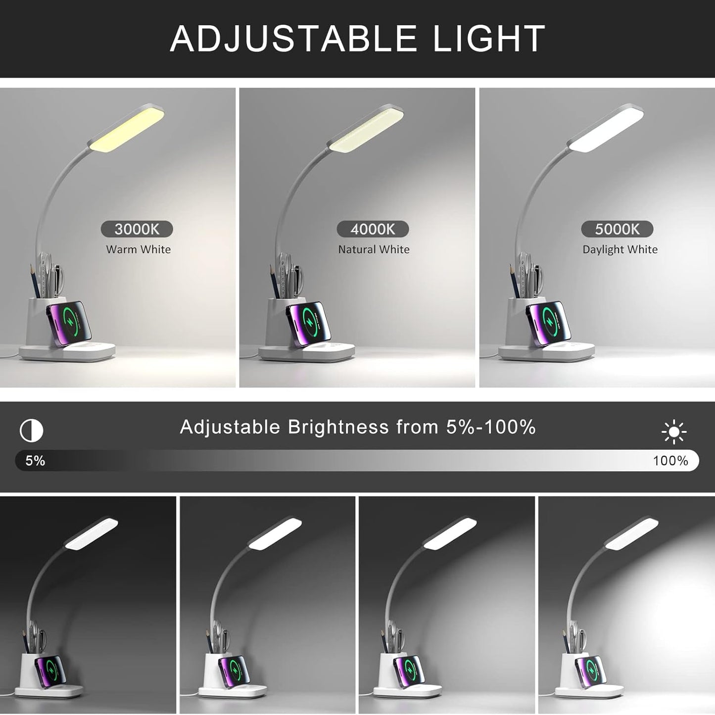Skiennix LED Desk Lamp with Wireless Charger - 800LM, 3 Color Modes, Flexible Arm & Pen Holder for Home Office