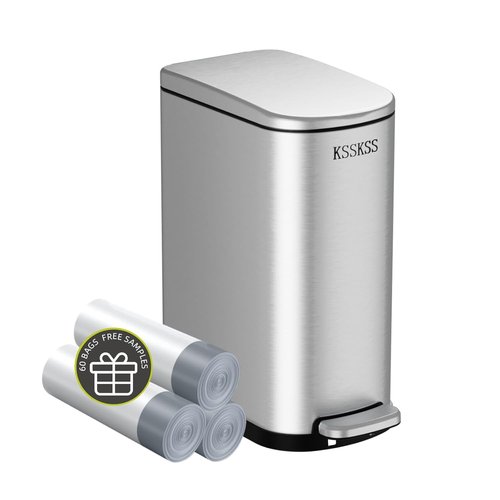 KSSKSS Slim Bathroom Trash Can - 2.6 Gallon Stainless Steel with Soft Close Lid | Removable Liner for Narrow Spaces (Silver)