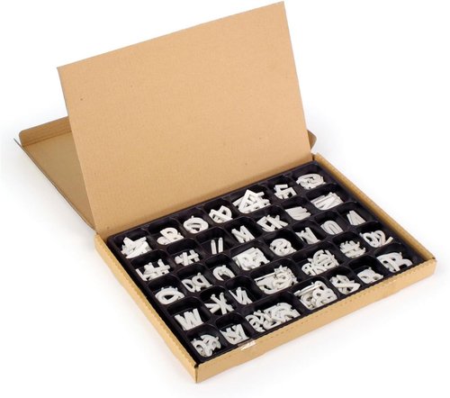 Letter Set by [Brand Name] - 1.5” High White Plastic Characters for Changeable Message Boards | Includes Corrugated Box with Molded Tray