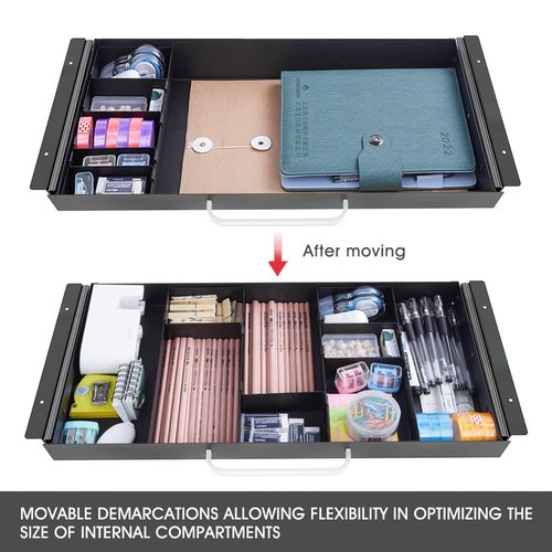 GOME Large Size Under Desk Slide out Pencil Drawer with Adjustable Space Divider Design for Storing Pencil and Office Accessories, Underdesk Pull out Tray Organizer Mounted for Sit Stand Workstation