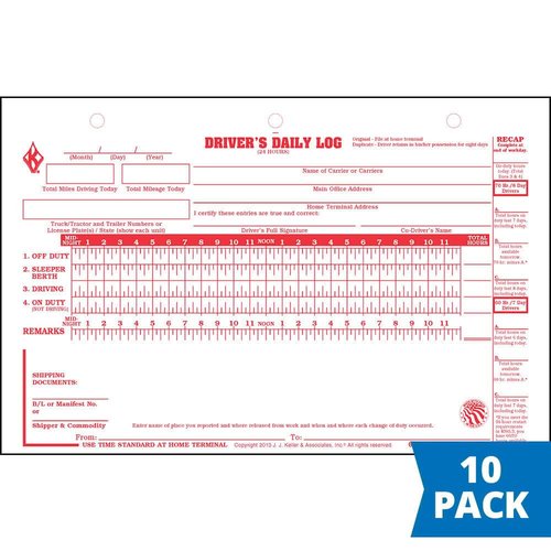 Deluxe Duplicate Driver Daily Log 10-pk. with Detailed DVIR & Daily Recap - Shrinkwrapped Loose-Leaf Format, 2-Ply with Carbon, 8.5" x 5.5", 31 Sets of Forms Per Unit, J. J. Keller & Associates, Inc.