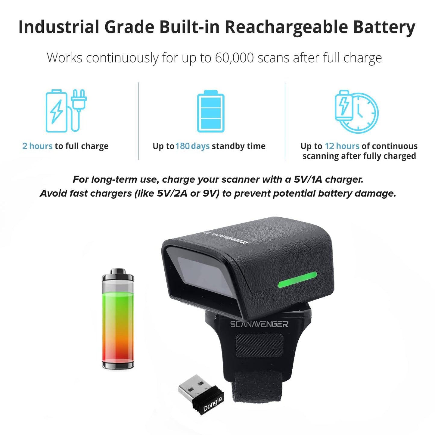 ScanAvenger 1D 2D QR Ring Barcode Scanner – Wearable Mini Bluetooth Wireless Finger Reader, USB & 2.4GHz, Compatible with iOS, Android, Windows, for Warehouse, Store & Inventory Use