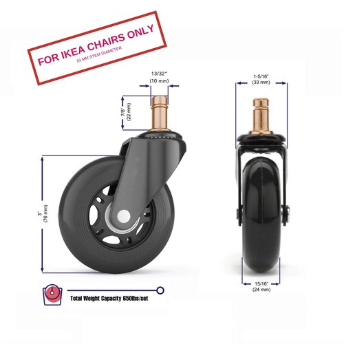 Office Chair Wheels | FIT IKEA Chairs ONLY| Soft 3" Computer Chair Caster Wheels Protect Your Hardwood Floors Better Than Any Office Chair Mat, Set of 5 Desk Chair Wheels, No Scratching or Marking.