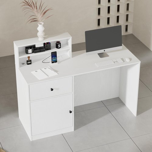 VOWNER Small Morden Reception Desk with LED Lighting, 39.4" H Office Counter with Storage Drawers, Secretary Desk with Power Outlets, Front Desk for Salon, Lobby – White (47.2" W x 18.9" D x 39.4" H)
