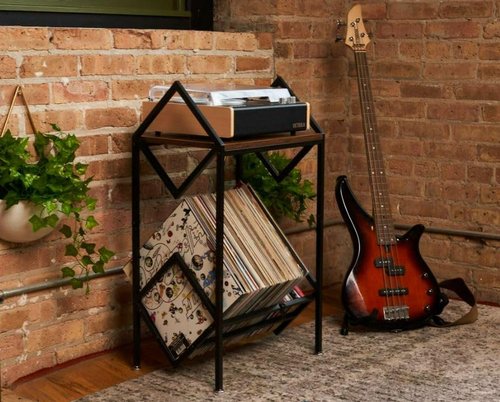 MODERN VINYL Record Player Stand with Vinyal Storage 80-100 LP Storage - Vinyl Holder Stand 2 Tier - Quick Assembly - Vinyl Record Storage Rack - Organize Albums - Book, Magazine (Matte Black Metal)