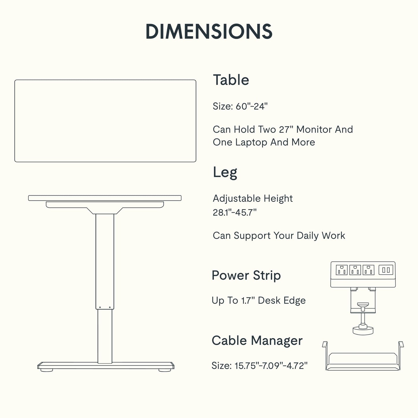 FLEXISPOT EN2 Whole-Piece Standing Desk with Clamp Power Strip, 60 x 24 Electric Stand Up Height Adjustable Desk with Cable Management (Gray Frame + 60" White Top, 2 Packages)