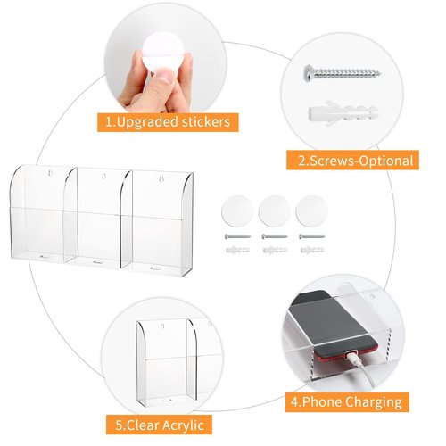 APSOONSELL Clear Acrylic Remote Holder Wall Mount Phone Holder Large Remote Control Holder Media Caddy, 3 Compartments