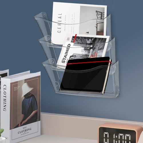 Voittozege 6 Pcs Clear Plastic Wall Folders Acrylic File Holder, 13.4x6.9 Inch Single Acrylic Wall File Organizer for Office and Home