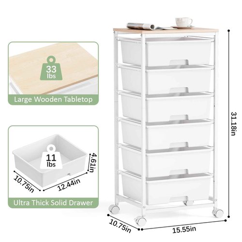 6-Drawer Rolling Storage Cart with Lockable Wheels & Wooden Tabletop, Mobile Utility Organizer Cart for Craft Supplies, Office, Classroom, Bedroom, Living Room, Kids' Room, Gradient White