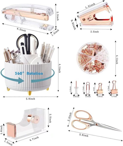 Gawsey Rose Gold Desk Organizer Set - 360-Degree Rotating Pen Holder, Acrylic Stapler & Accessories