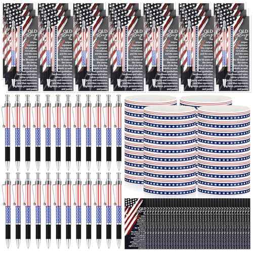 180 Pcs Veterans Day Gifts American Flag Ballpoint Pens Red White Blue Patriotic Stars Stripes Stationery Gift Silicone Wristband Bookmarks for Patriot Memorial Heroes Supplies