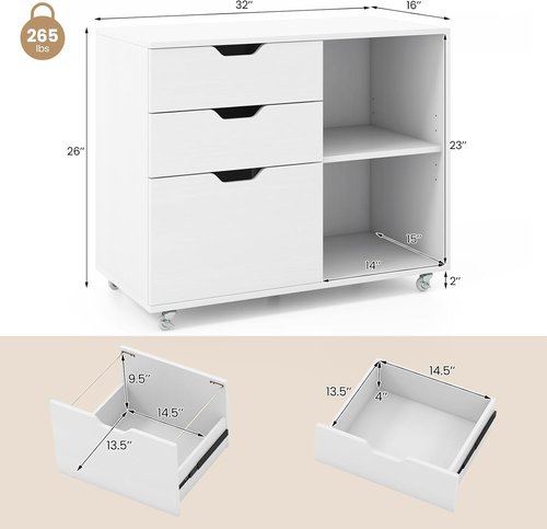 Regine Switzerland Mobile Filing Cabinet - 3 Drawer Wood Printer Stand with Universal Wheels | White