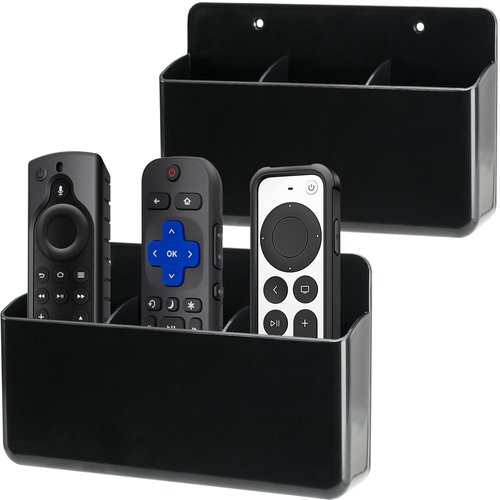 Kulusion 2 Pack Remote Control Organizer - 3 Slot Wall Mount TV Remote Holder, Self Adhesive Marker & Pen Storage for Home, Office, School (Black)