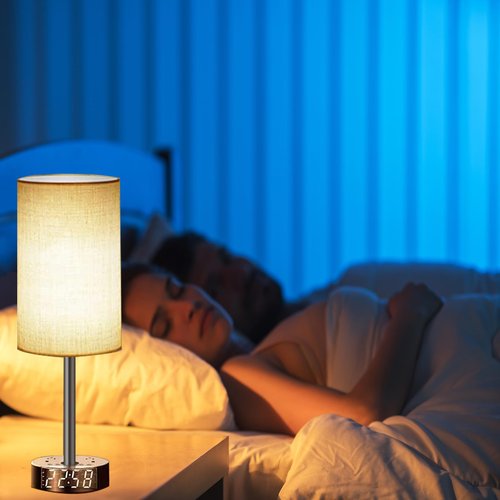 ZONV Touch Control Nightstand Light Bedside Table Lamp with USB C Charging Ports Alarm Clock 3 Way Dimmable Lamp for Bedroom Living Room Home（Gray） Thanksgiving and Christmas Gifts