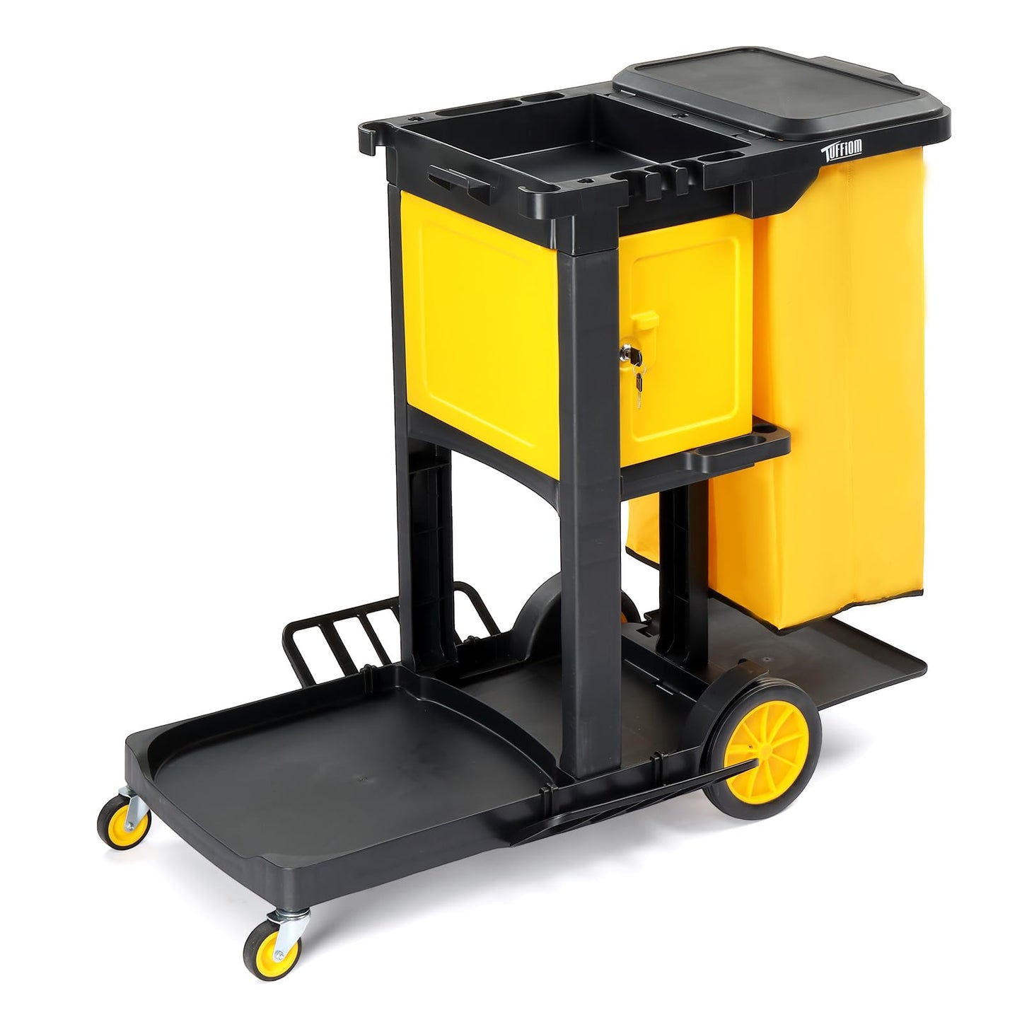 TUFFIOM Janitorial Cart with Key-Locking Cabinet, 3-Shelf Commercial Cleaning Cart, Housekeeping Caddy with Locker,Wheeled with Yellow Vinyl Bag, Black, Great for Hotel, Stores, Schools, and Business
