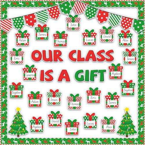 Christmas Bulletin Board Decoration Set Xmas Gift Boxes Borders Cutouts for Party School Classroom Door Welcome Bulletin Board Craft Home Wall (Our Class is a Gift)