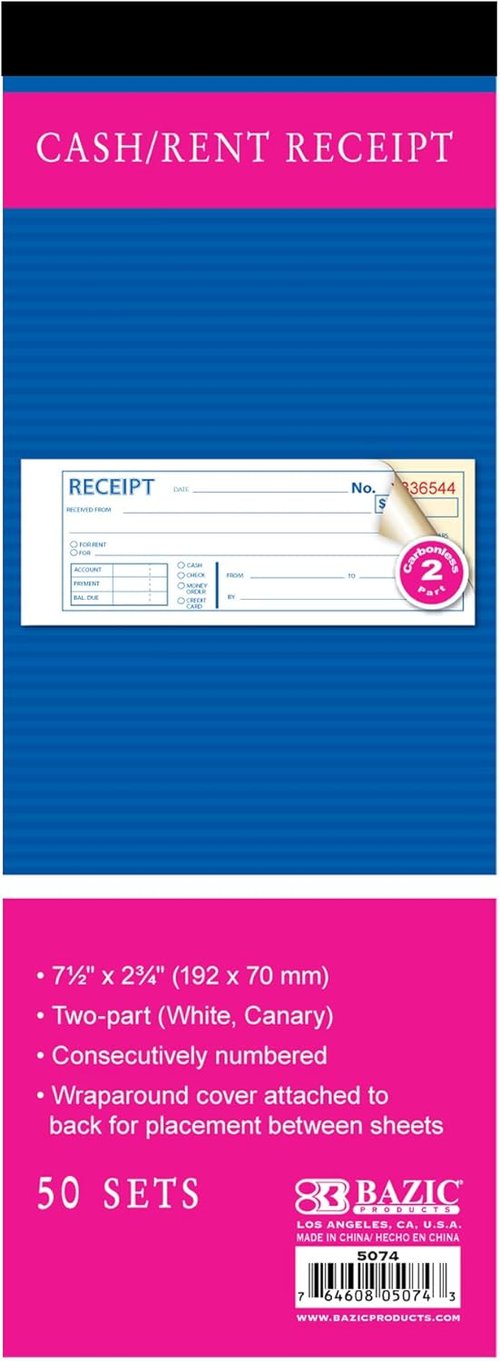 BAZIC PRODUCTS Receipts Book - 2-Part Carbonless Money Cash Rent Receipts for Landlords | 50 Sets, 7.5" x 2.75", White