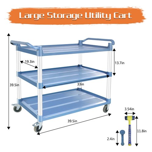 Utility Carts with Wheels Large Size Rolling Cart with Wheels Heavy Duty 600 LBS Food Cart with Lockable Wheels and Hammer for Kitchen/Office/Warehouse, 39.5" D x 19.3" W x 39.5" H(Grey Large Size)