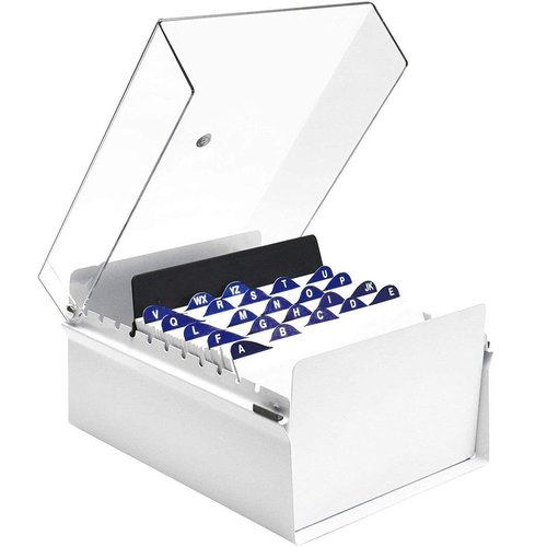 Acrimet 6 x 9 Card File Holder Organizer Box Metal Base Heavy Duty (AZ Index Cards and Divider Included) (White Color with Crystal Plastic Lid Cover)