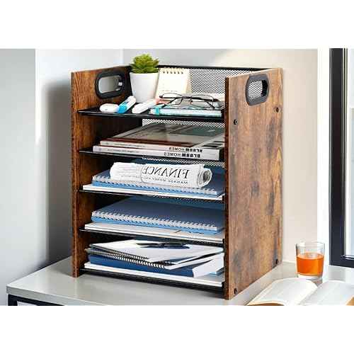 Wood Desk Organizer - 5-Tier Desktop File Organizer, Wooden Paper Tray, Office Desk Organzier and Accessories for Papers, Mail, Notebooks, Stationery