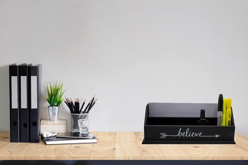Rustic Wooden Office Desk Organizer & Mail Rack with Distressed Wood Finish 12" X 4" X 5" (Black (Believe))