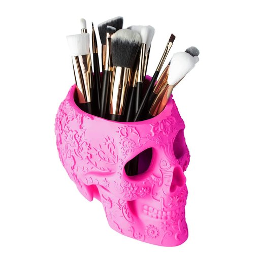 Skull Makeup Brush Holder, Pen Holder, Vanity, Desk, Office Organizer, Stationary, Decor Planter, Candy Bowl, Goth Decorations, Extra Large, Skulls Gothic Skull & Bones Organizer Bathroom (Pink)