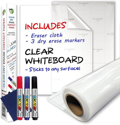 HA SHI Clear Adhesive Sheets Roll - 18" x 78" (6.5 Ft) | Includes 3 Dry Erase Markers & Bulletin Board Paper