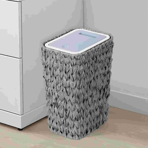 OOTDAY Trash Can with Lid, 2.6 Gallon Small Rattan Trash Can with Press Top Lid, Boho Slim Wicker Waste Basket and Hamper 2 in 1, Seagrass Woven Garbage Can Trash Basket for Living Room, Bedroom Gray