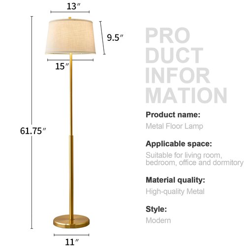 Oneach 61" Floor Lamp for Living Room, Gold Modern Standing Lamp with White Linen Shade, Brass Tall Pole Light with Rotary Switch for Bedroom, Office, Reading Room
