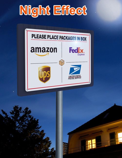 Set of 2 Delivery Signs for Packages, Please Place Packages in Box Sign, Including 14 x 10 in Aluminum Sign & 10 x 7 in Stickers, Clear Visibility & Weatherproof