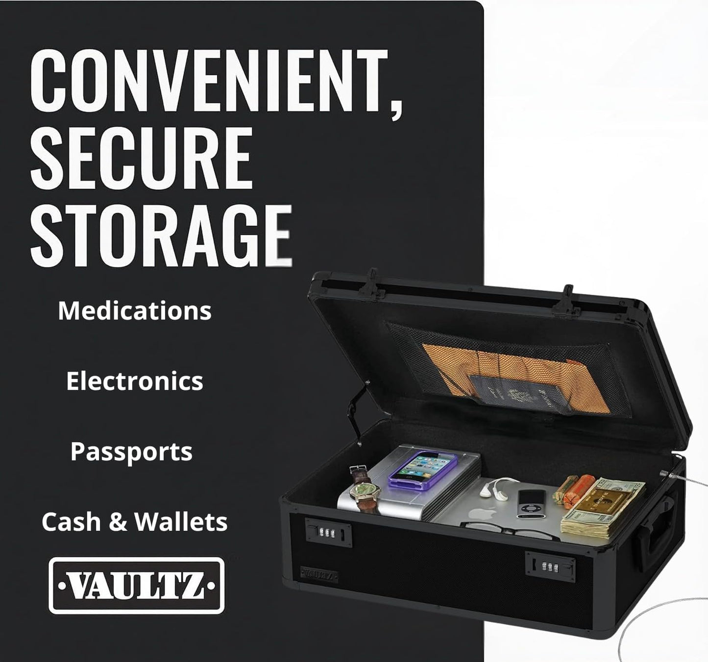 Vaultz Storage Lock Box - Lockable 6.5 x 19.25 x 13.5 Inch Trunk with Combination Lock | Black on Black