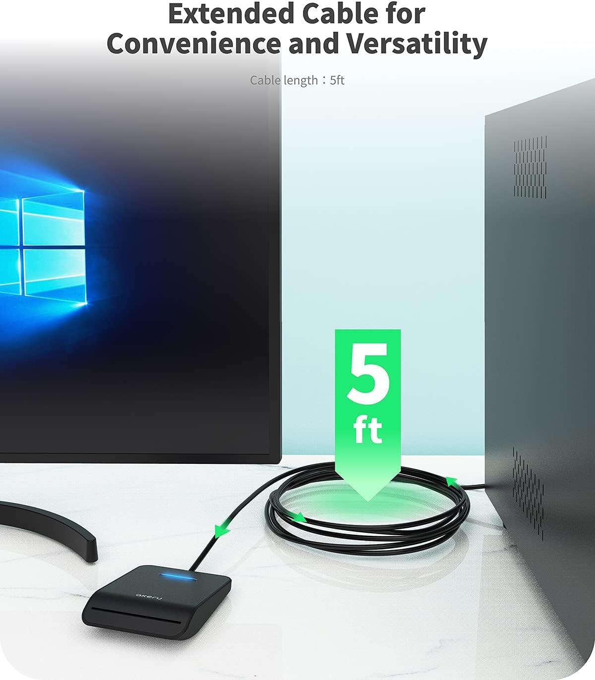 AKERU CAC Card Reader with LED Indicator, DOD Military Common Access, (5 feet Long Cable). Universal Compatibility, Compact PIV Smart Card Reader Compatible with Windows, Mac OS– Black [EAL-20]