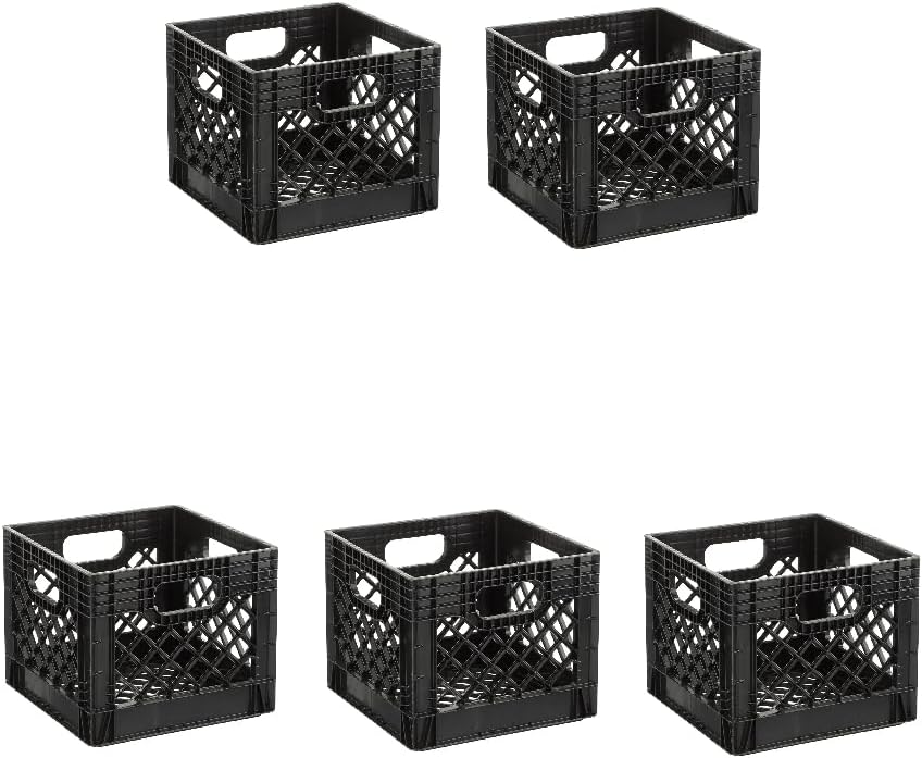 (5 Pack 16QT Heavy-Duty Plastic Square Milk Crate Black Durable Storage Solution for Organizing Home Office Garage Ideal for Transporting Goods and Supplies Versatile Stackable Design Great